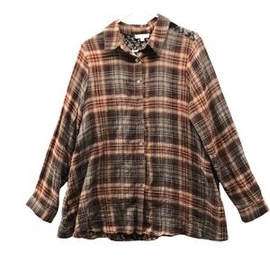 Oddi Plaid Button Down Shirt Womens L Mixed Media Floral Long Sleeve Brown